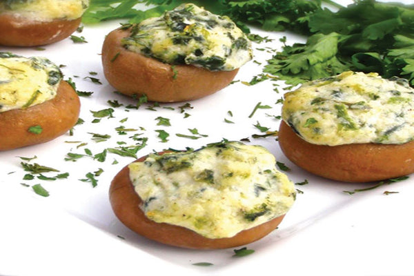 Mushroom Caps Stuffed with Baby Spinach and a Blend of Cheeses